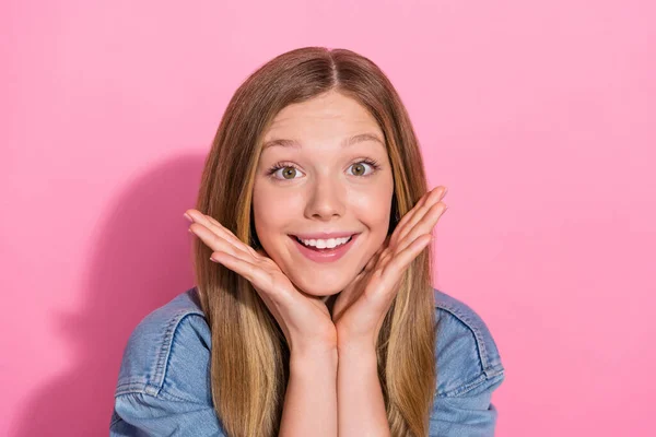 Photo Portrait Lovely Young Teenager Lady Hands Frame Face Smile — Stock Photo, Image