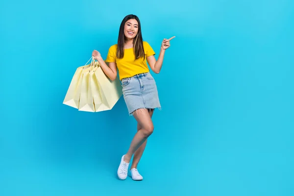 Full Body Length Photo Chinese Girl Wear Yellow Shirt Denim — Stock Photo, Image