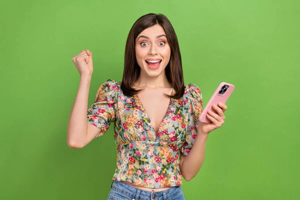 Portrait Delighted Funky Pretty Girl Hold Smart Phone Raise Fist — Stock Photo, Image
