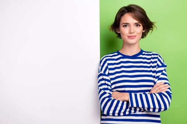 Portrait Adorable Girl Wear Striped Stylish Sweatshirt Stand Board Empty — Stock Photo, Image