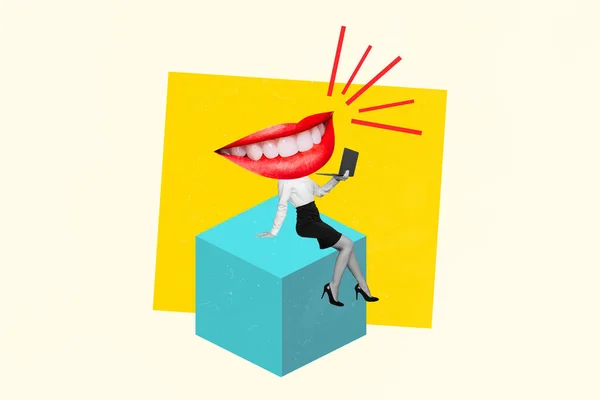 Blog Fényképezés Collage Minimal Artwork Smiling Mouth Head Lady Chatting — Stock Fotó