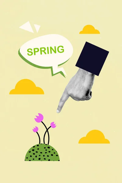 Vertical Abstract Creative Photo Collage Large Finger Indicating Flower Announcing — Stock Photo, Image