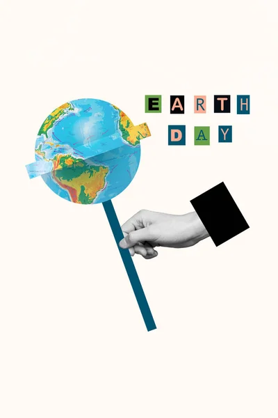 Colagem Vertical Criativa Mão Segurar Mundo Planeta Esfera Geografia Mapa — Fotografia de Stock