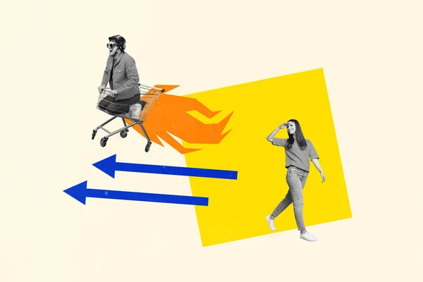 여자의 창조적 콜라주 이미지는 트롤리 화살표 지시약을 날으는 남자처럼 보인다 — 스톡 사진