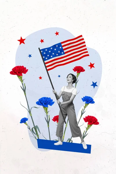 垂直コラージュポスターの若いファンキー愛国的な女性ホールド波米国国の休日孤立した白い色の背景 — ストック写真