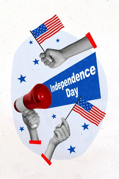 Collage Illustrazione Mano Che Tiene Altoparlante Americano Usa Paese Celebrare — Foto Stock