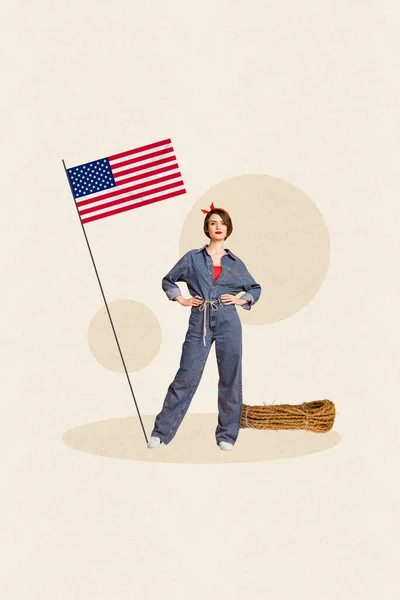 自信のある女の子の垂直コラージュイメージは 創造的な背景に隔離されたアメリカの国旗ロープの近くに立つ — ストック写真