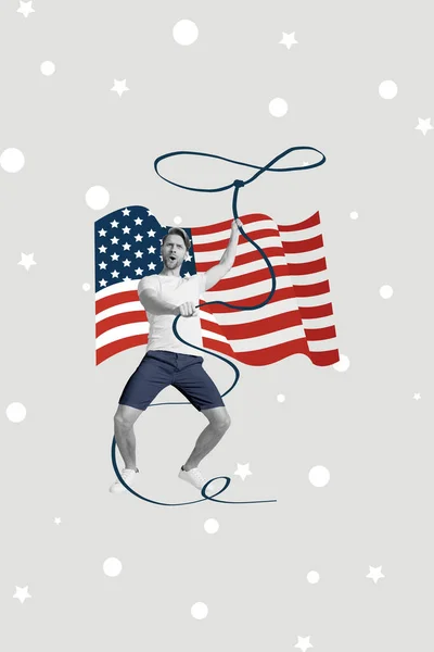 Vertical collage image of black white colors guy hold lasso rope national american flag isolated on grey background.