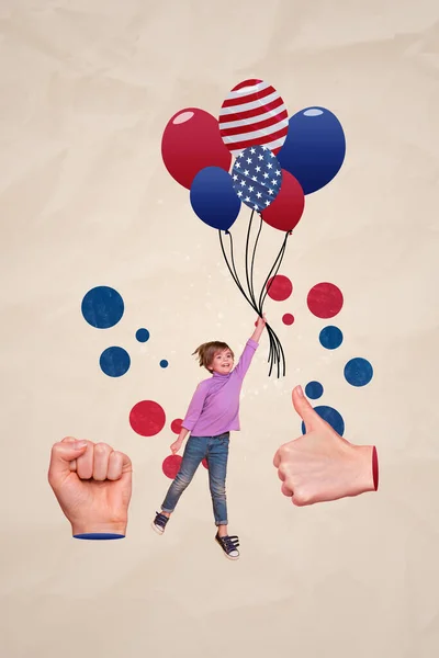 学童の垂直コラージュは楽しい子供飛行気球独立した米国日隔離上ベージュの背景 — ストック写真