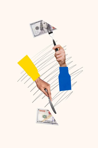 Kişinin Dikey Kolaj Resmi Çatal Bıçak Yemek Kesme Dolar Banknotlar — Stok fotoğraf