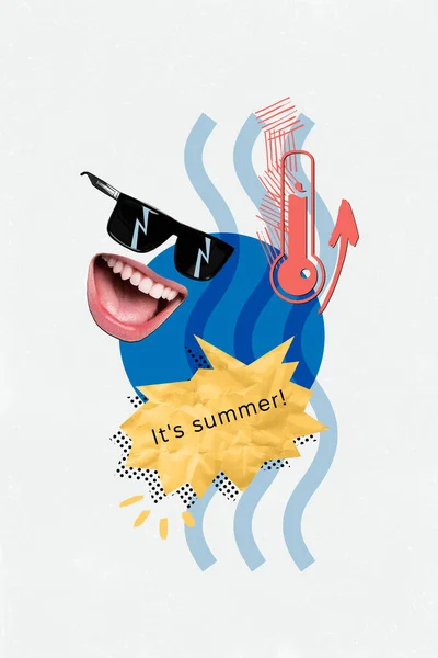ポスターバナー奇妙なアートワークコラージュの人間の顔の口叫んで大声で夏のために暑い天気予報 — ストック写真