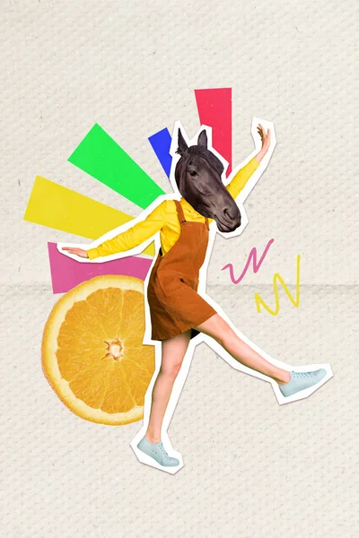 Vertical Collage Picture Overjoyed Girl Horse Head Dancing Big Orange — Stock Photo, Image