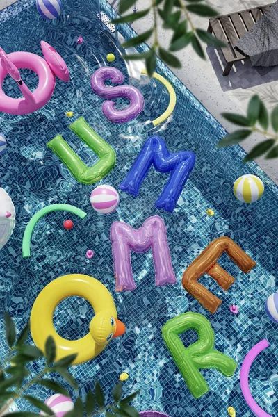 Verticale Maken Collage Verfrissend Kristalhelder Helder Water Rubber Drijvende Summer — Stockfoto