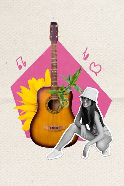 Collage Pop Retro Sketch Image Cool Lady Enjoying Guitar Music — Stock Photo, Image