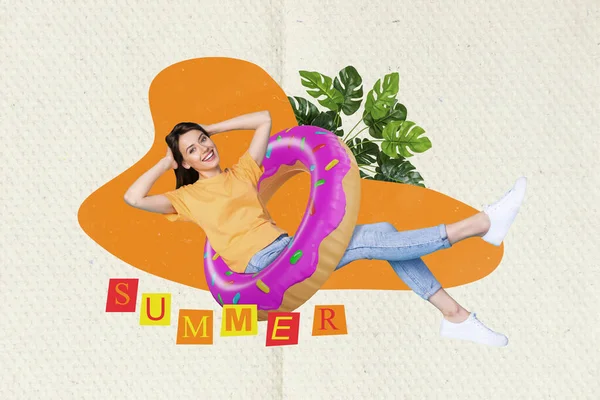 Creative Artwork Template Collage Smiling Charming Lady Relaxing Donut Circle — Stock Photo, Image