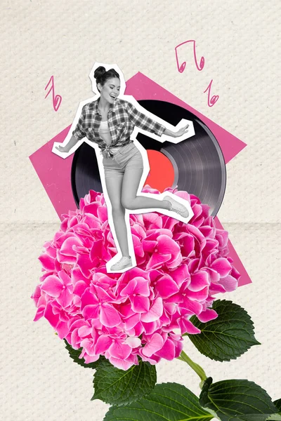 黒い白い色の垂直コラージュ屈託のないミニ女の子ダンス巨大な新鮮な花ビニールレコード音楽ノート紙の背景に隔離された — ストック写真