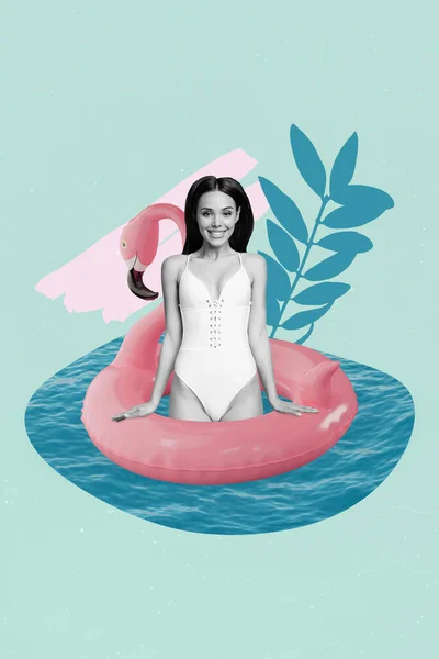 Vertical collage of pretty black white gamma girl swim flamingo inflatable ring drawing pant leaves isolated on teal background.