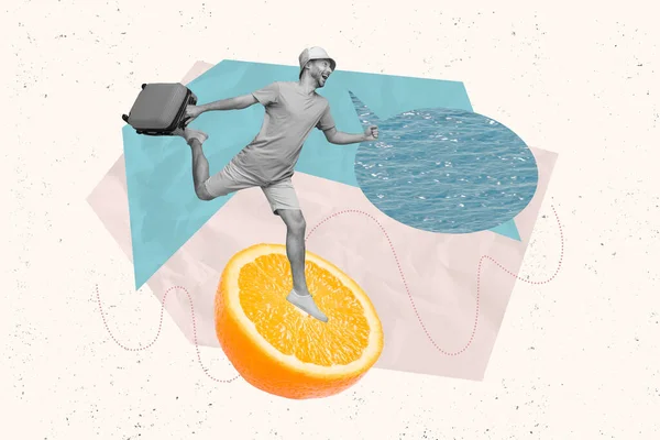 ミニ黒白効果男の創造的なコラージュイメージホールドスーツケース実行大きなオレンジフルーツ水対話バブル孤立上絵の背景 — ストック写真