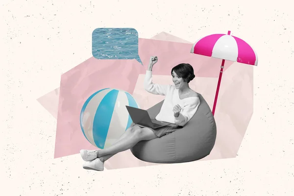 Creativo Collage Abstracto Compuesto Foto Chica Extática Impresionada Sentarse Bolsa — Foto de Stock