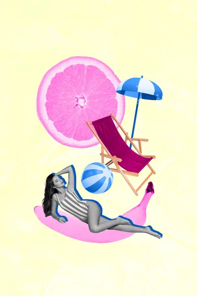 在夏日阳光明媚 日光浴 橙色香蕉果香清爽的情况下 美丽的旅游女士的海报标语拼贴 — 图库照片