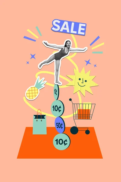Poster Desenho Banner Colagem Senhora Nadador Miniatura Poupança Dinheiro Compra — Fotografia de Stock
