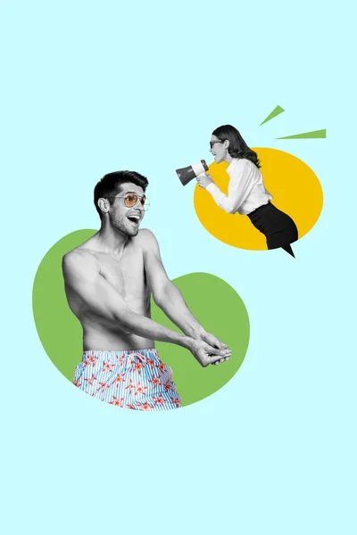 两个人的海报横幅拼贴女士用牛角广告夏季提供打折的家伙玩享受休息 — 图库照片