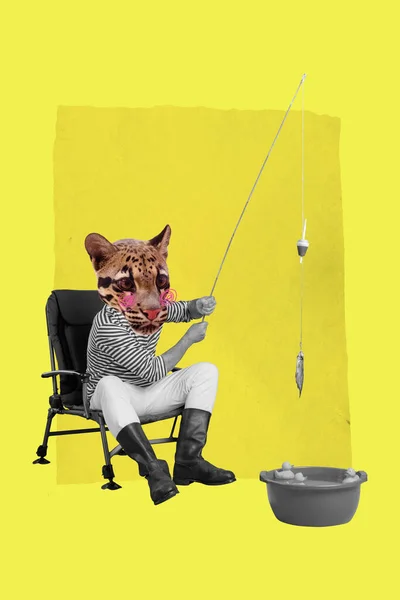 stock image Vertical collage image of black white gamma man lynx head sit chair hold rod catch fish bucket isolated on yellow background.