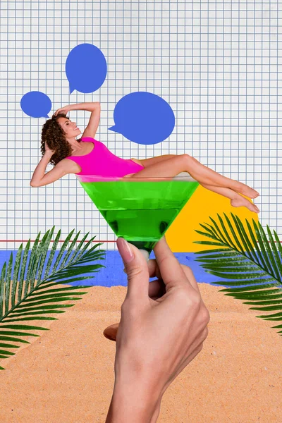 创意3D图片艺术海报拼贴迷人无忧无虑的女士躺在巨大的玻璃莫吉托鸡尾酒日光浴度假胜地国外 — 图库照片