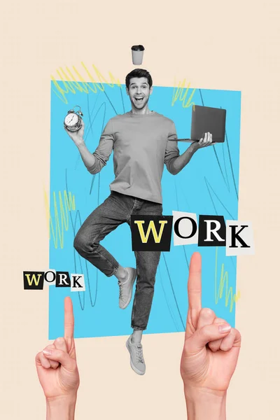 Artwork Magazine Collage Picture Funky Excited Guy Working Apple Samsung — Stock Photo, Image