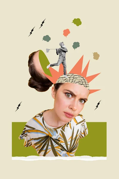 Verticale Composiet Collage Foto Van Grappige Gekke Vrouw Staren Naar — Stockfoto