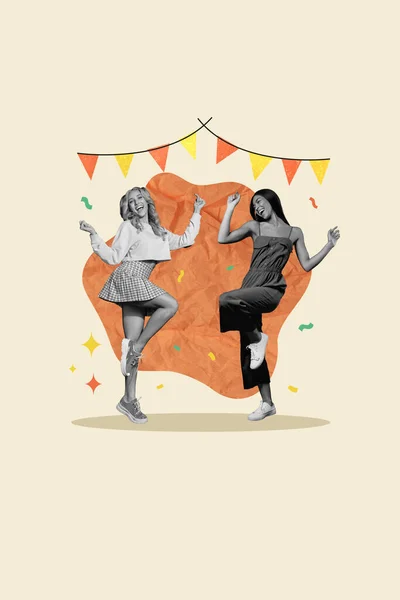 Вертикальный Креативный Композитный Фотоколлаж Позитивного Настроения Привлекательных Девушек Танцующих Фестивале — стоковое фото