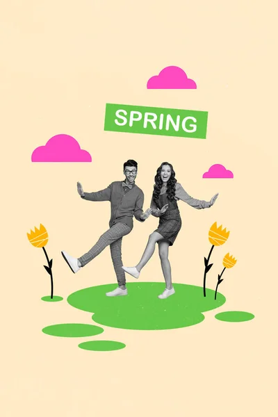 絵グリーティングカードアートワークコラージュスケッチクレイジーファンキーな2人が公園を歩いて踊る花の庭を描く背景に隔離された — ストック写真