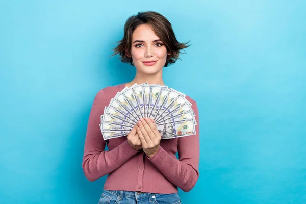 Foto Von Wunderschönen Positiven Person Hände Halten Dollar Banknoten Banknoten — Stockfoto