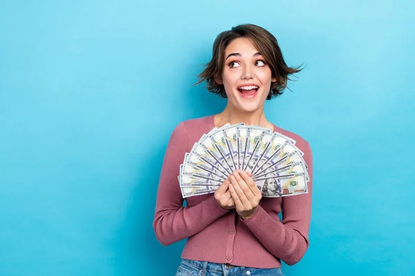 Photo Positive Excited Woman Dressed Pink Shirt Rising Cash Fan — Stock Photo, Image