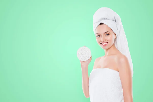 Portrait Copy Space Pretty Charming Girl Towel Turban Holding Massager — Stock Photo, Image