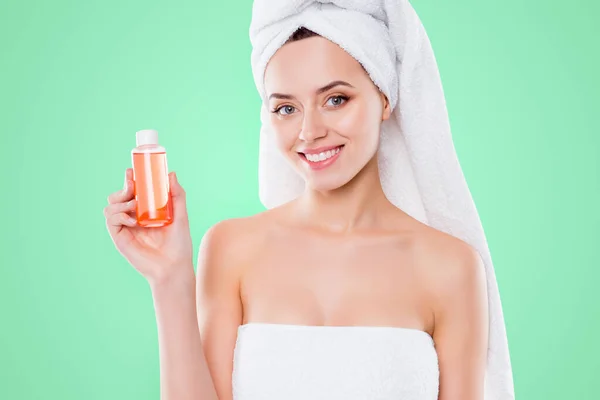 Portrait Pretty Woman Towel Turban Head Demonstrate Lotion Shower Gel — Stock Photo, Image