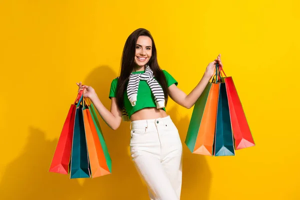 Photo Lovely Cheerful Girl Arms Hold Store Mall Bags New — Stock Photo, Image