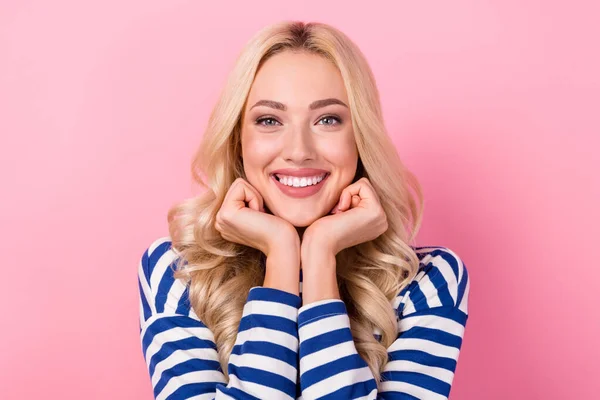 Photo Funky Dreamy Lady Wear Striped Shirt Smiling Arms Cheeks — Stock Photo, Image