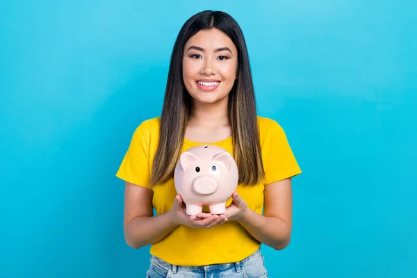 Portrait Nice Positive Lady Toothy Smile Hands Hold Pig Money — Stock Photo, Image