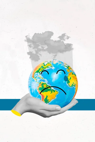 Stijgende Temperatuur Ongelukkige Emoji Cartoon Planeet Aarde Depressie Hand Houden — Stockfoto