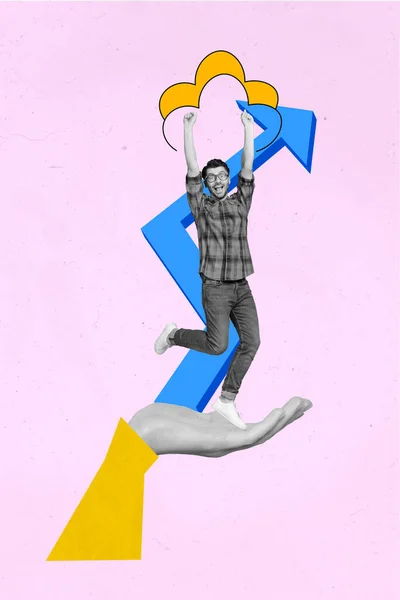 Collage Compuesto Imagen Joven Emocionado Loco Empresario Motivado Saltar Flecha —  Fotos de Stock
