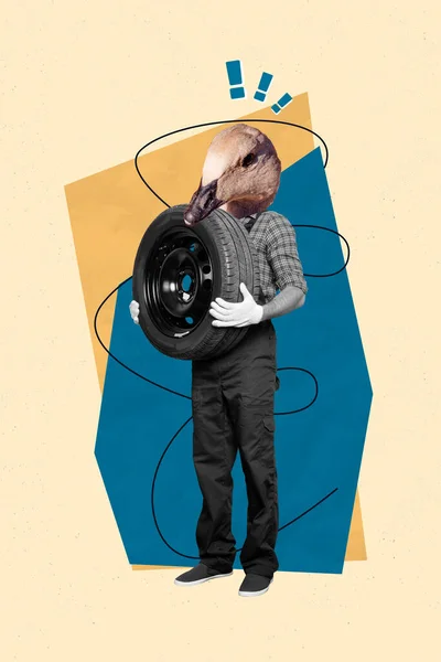 Rolig Illustration Collage Bild Huvud Anka Surrealistisk Person Mekaniker Professionell — Stockfoto