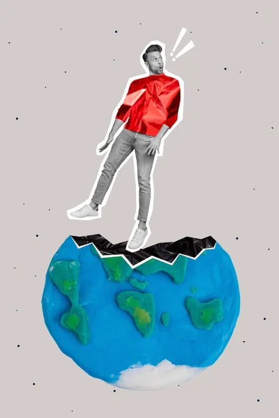 Metafora Kép Kollázs Illusztráció Fiatal Funky Srác Önkéntes Műanyag Bolygó — Stock Fotó