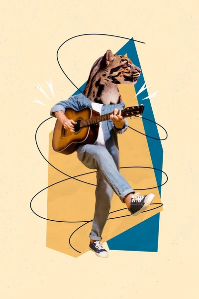 Collage Fotos Compuesto Vertical Extraño Animal Guitarrista Sin Cabeza Lugar — Foto de Stock