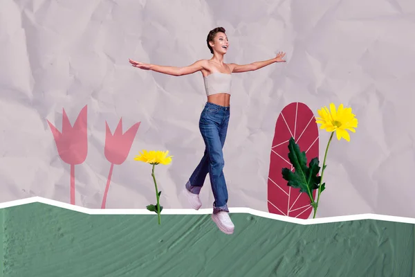 创意素描3D杂志 年轻姑娘跑步时带着快乐无忧无虑的黄菊花花园 与紫色背景隔离 — 图库照片