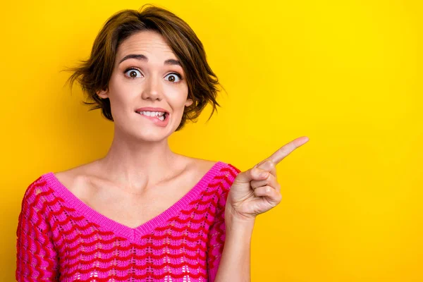 Portrait Surprised Excited Lady Wear Trendy Pink Clothes Arm Demonstrate — Stock Photo, Image