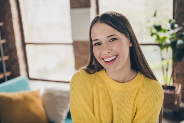 stock image Photo of adorable cheerful young girl beaming smile have good mood enjoy spending weekend pastime house indoors.