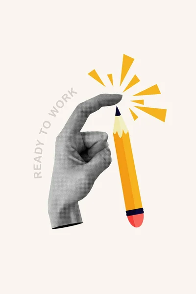 Imagem Colagem Composta Lápis Afiado Ferramenta Toque Dedo Autor Escrevendo — Fotografia de Stock