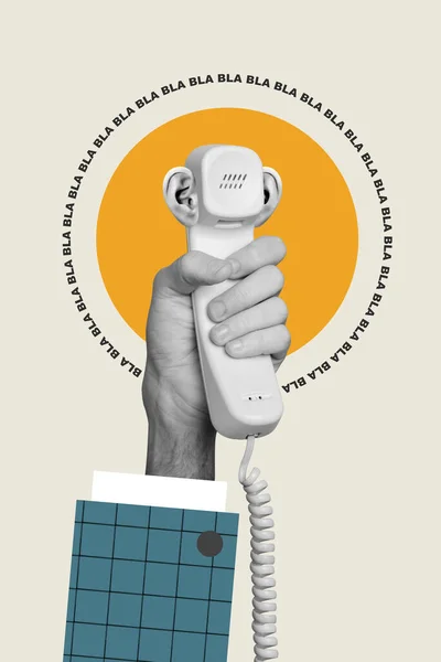 Creative Retro Collage Arm Holding Vintage Phone Handset Listening Annoying — Stock Photo, Image