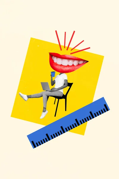 Collage Vertical Ilustración Sonriente Feliz Sin Cabeza Surrealista Beber Café —  Fotos de Stock